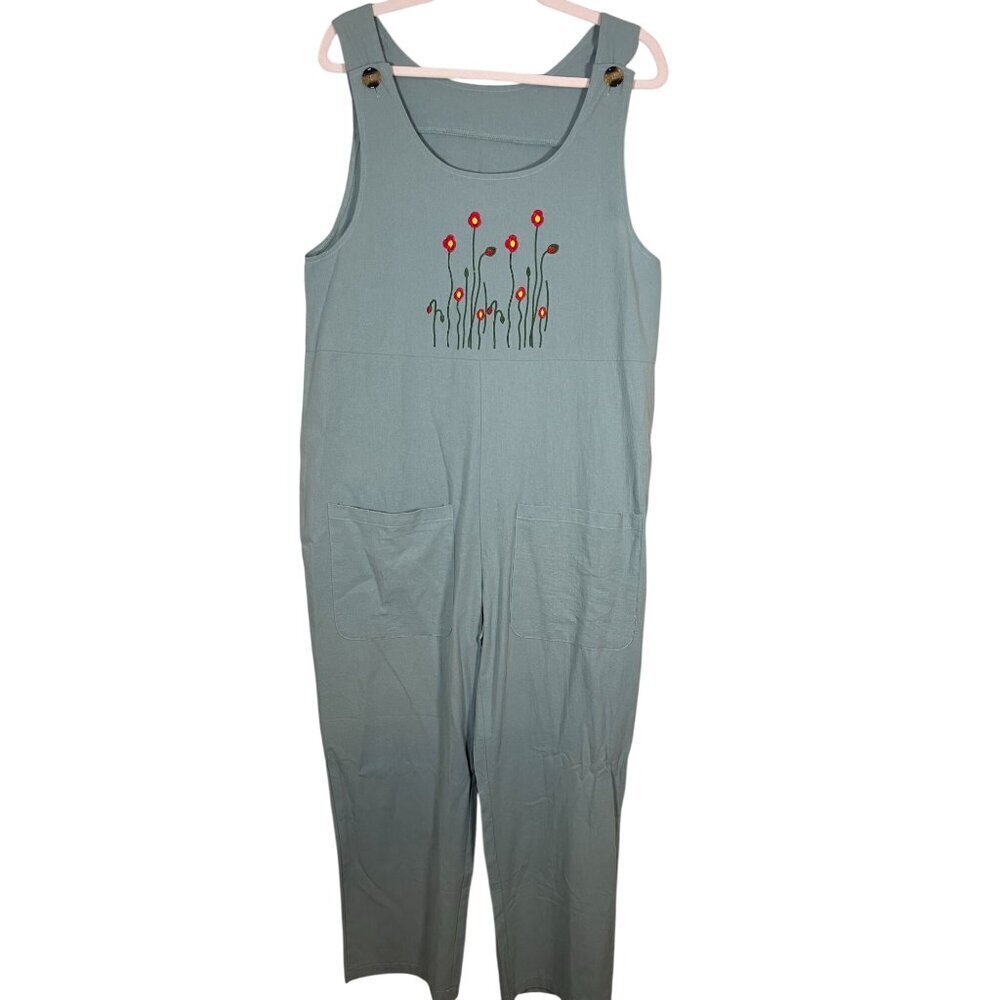 Floral Overalls M Green Embroidery Lagenlook Classic Preppy Retro Cottagecore